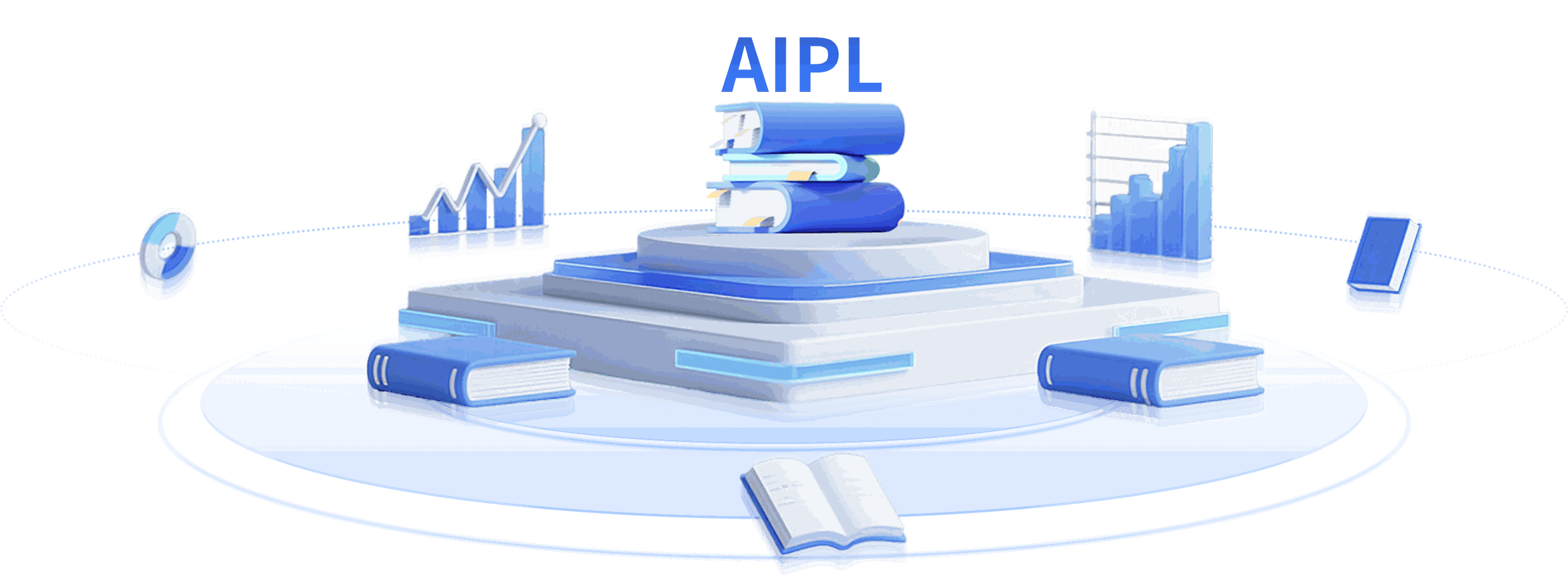 AIPL 实践教学平台立体插画：书籍与数据图表环绕的实验平台